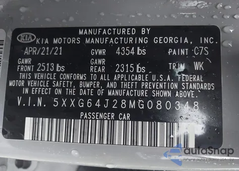 2021 Kia K5 Gt-Line z USA, uszkodzony, nr VIN 5XXG64J28MG080348